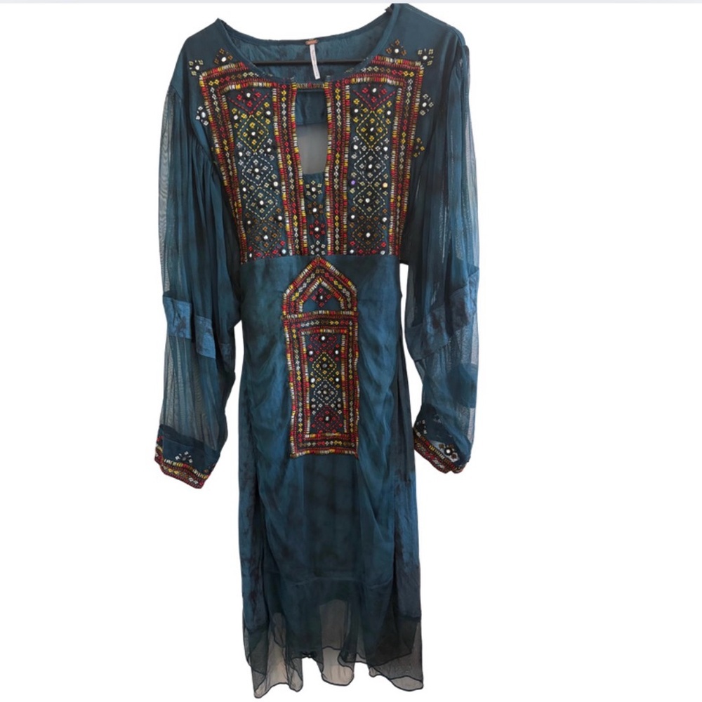 Free People Teal Embroidered Sheer Tunic with Multicolor Beading - Picture 2 of 7